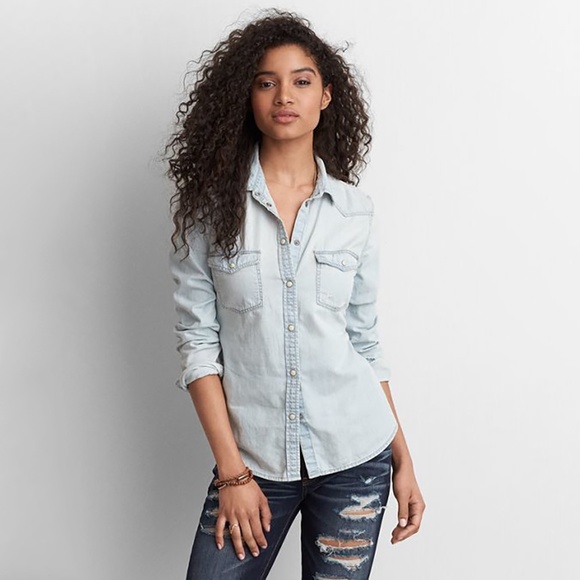 American Eagle Outfitters Tops - American Eagle Outfitters Western Distressed Light Blue Denim Coastal Boho Top